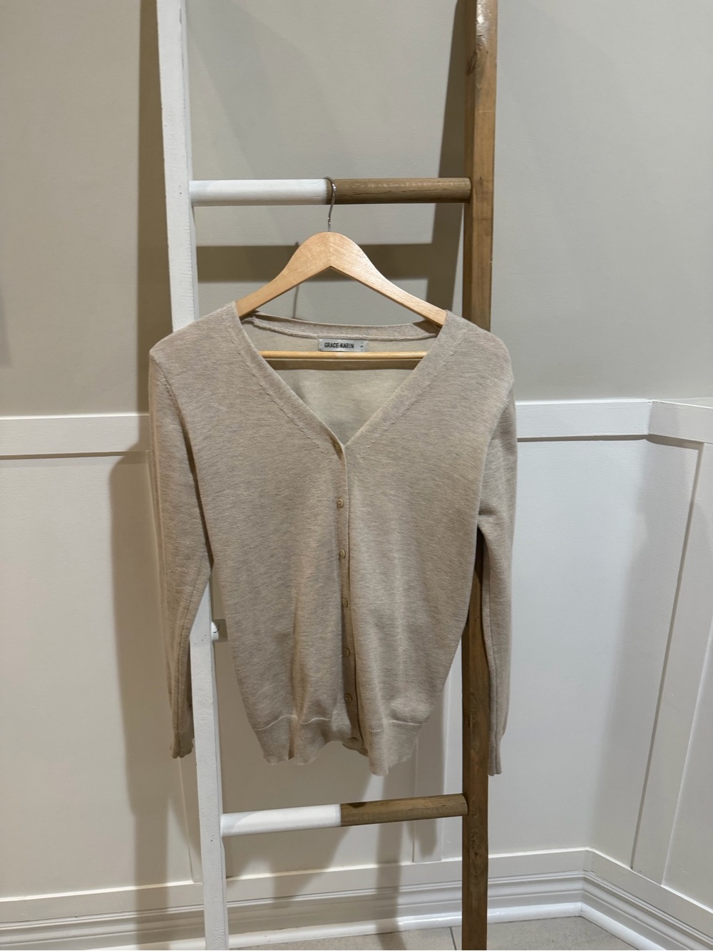 Classic V-Neck Button Cardigan - Beige